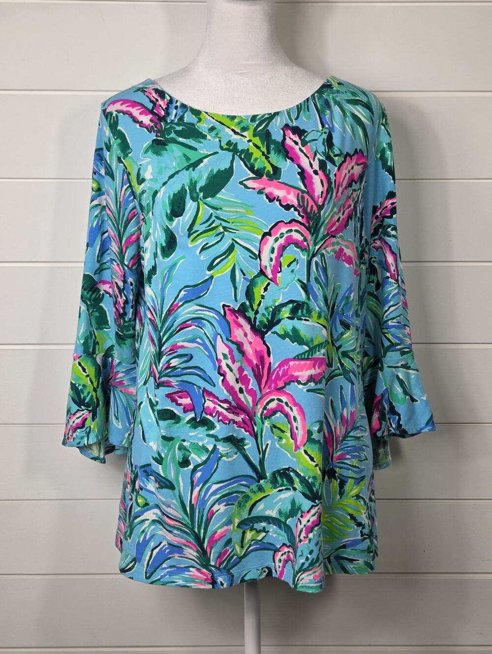 Lilly Pulitzer Tropical Floral Boatneck Top in Aqua, Pink & Green Size L